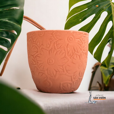Chậu Gốm Đất Nung Vân Hoa Cúc  D13cm X H10cm