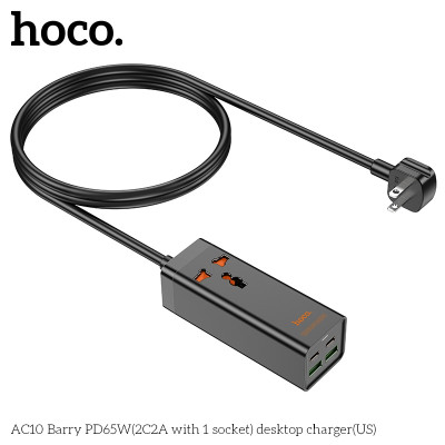 Ổ cắm điện đa năng sạc nhanh PD 65W cổng typeC + QC18W có 2*USB + 2*Type-C có 1 lỗ cắm tải 2500W dây dài 1.5m AC10 - hàng chính hãng