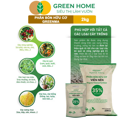 3 Túi Phân Bón Hữu Cơ Viên Nén Greenma 35%, GreenHome, Túi 2kg, Chuyên Cho Cây Cảnh, Hoa Màu Trồng Chậu