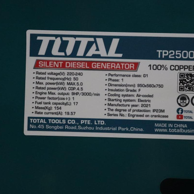 MÁY PHÁT ĐIỆN DÙNG DẦU DIESEL (4.5 KW/5.0KW) TOTAL TP250001-1 - HÀNG CHÍNH HÃNG
