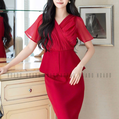 Set áo váy đỏ cổ tim NGADO , Set đồ nữ , Set áo váy thiết kế