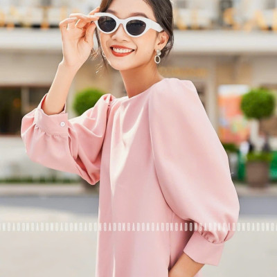 Đầm hồng cổ thuyền tay lửng NGADO , đầm nữ , Đầm suông , Đầm thiết kế