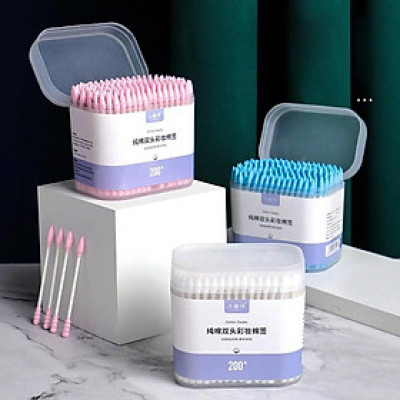 Combo 3 hộp Tăm bông ngoáy tai, trang điểm hai đầu hộp 200 que bông dùng một lần thiết kế đa chức năng tiện dụng, mềm dẻo Cosmetic Mỹ Phẩm Nữ