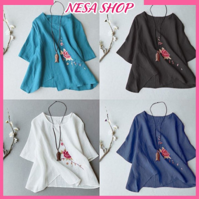 Áo kiểu nữ cổ tròn tay lỡ form rộng thoải mái, chất liệu Đũi cao cấp mềm mịn, mát, hoạ tiết Thêu tỉ mỉ NeSa Shop AKH.57