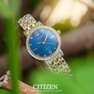 Đồng Hồ Nữ Citizen Pin-Quartz Đính Đá Swarovski Dây Thép Không Gỉ EL3106-59L - Mặt Xanh (31mm)