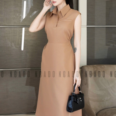 Đầm nâu cổ sơ mi NGADO , đầm công sở , đầm dự tiệc
