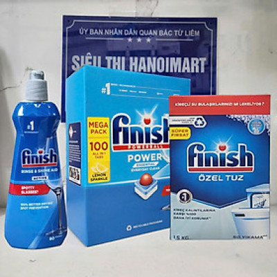 Combo rửa bát Finish: Hộp All In One 90 viên, Muối 1.5kg, Nước làm bóng 400ml - Nhập khẩu EU