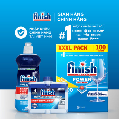Combo Finish tiện lợi 1:Hộp 100 Viên Rửa Bát Finish Essential+ Nước Làm Bóng 500ml+ Dung Dịch Vệ Sinh Máy 250ml
