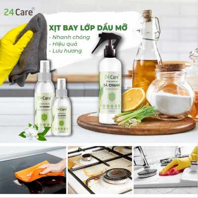 Xịt nhà bếp tinh dầu 24CARE 50ml/100ml/250ml - Xịt lau chùi bếp, bề mặt bị dính bẩn, diệt bề mặt dính vi khuẩn, không khí chứa vi khuẩn.