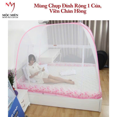 Màn Chụp , Mùng Chụp Cao Cấp Mộc Miên Đỉnh Động - Kích Thước 2,2mx2m - Hoạ tiết Hoa Lá Trắng Viền Hồng ( Hà Nội )