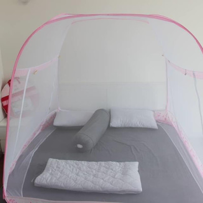 Màn Chụp , Mùng Chụp Cao Cấp Mộc Miên Đỉnh Động - Kích Thước 2,2mx2m - Hoạ tiết Hoa Lá Trắng Viền Hồng ( Hà Nội )