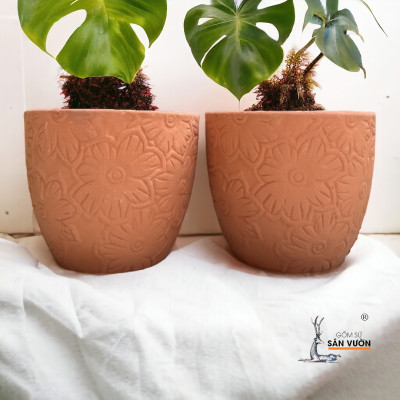 Chậu Gốm Đất Nung Vân Hoa Cúc  D13cm X H10cm