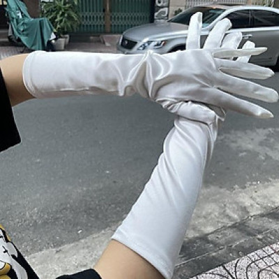 Găng tay màu trắng kem ( trắng ngà ) vải phi dài 37cm