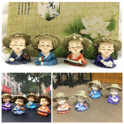 Bộ tượng chú tiểu nón nhẹ nhàng vẽ Cầm - Kỳ - Thi - Họa - 4 tư thế - Hàng chính hãng