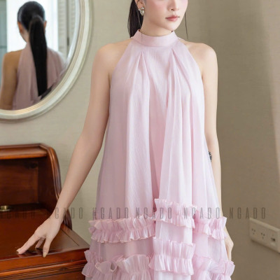 Đầm yếm hồng phối bèo NGADO , đầm dáng yếm , đầm suông