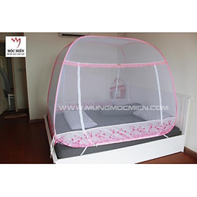 Màn Chụp , Mùng Chụp Cao Cấp Mộc Miên Đỉnh Động - Kích Thước 2,2mx2m - Hoạ tiết Hoa Lá Trắng Viền Hồng ( Hà Nội )