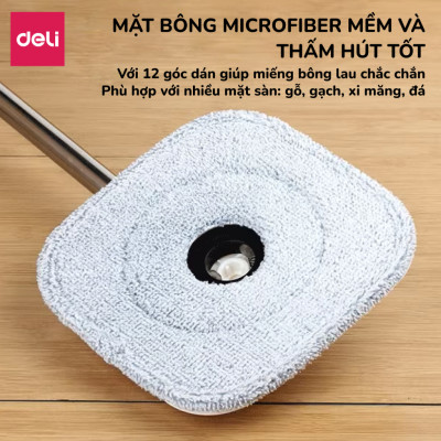 Bộ Cây Lau Nhà Tách Nước Bẩn Thông Minh Deli, Chổi Lau Nhà Xoay 360 độ 2 Ngăn Kèm Bông Lau