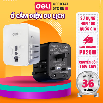 Ổ Cắm Chuyển Đổi Du Lịch Deli Sạc Nhanh 70W Củ Sạc Đa Năng DELI 4 Loại Chân Cắm Chuyển Đổi Dòng Điện