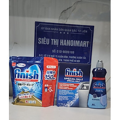 Combo Viên rửa bát Finish Nhật 150 viên + Muối rửa bát Finish 1,5kg + Nước làm bóng bát Finish 800ml