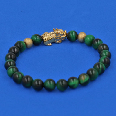 Vòng tay đá Măt Hổ xanh lá 6 ly cẩn Tỳ Hưu inox vàng VMHXLTHHBV6 - hợp mệnh Hỏa, mệnh Mộc