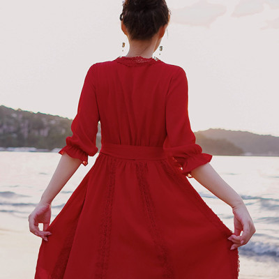 Váy maxi đi biển dài tay dáng lửng, cổ chữ V, lưng dây nơ điệu đà, thích hợp du lịch, đi biển, chụp ảnh | MX007