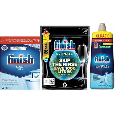 Combo Viên rửa bát Finish quantum ultimate 50 viên + Muối rửa bát Finish 1.5kg + Nước bóng finish 750ml