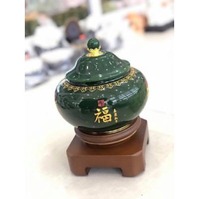 Thố đựng trà, thực phẩm đá ngọc màu xanh, đỏ, trắng kèm đế gỗ xoay - Cao 23 cm