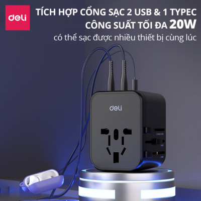 Ổ Cắm Chuyển Đổi Du Lịch Deli Sạc Nhanh 70W Củ Sạc Đa Năng DELI 4 Loại Chân Cắm Chuyển Đổi Dòng Điện