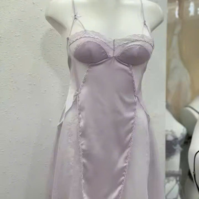 Váy Ngủ D250 Lụa Quảng Châu Phối Ren Mút Lót Tai Thỏ Xinh Xắn