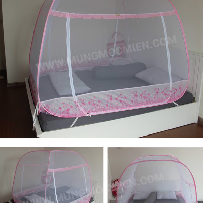 Màn Chụp , Mùng Chụp Cao Cấp Mộc Miên Đỉnh Động - Kích Thước 2,2mx2m - Hoạ tiết Hoa Lá Trắng Viền Hồng ( Hà Nội )