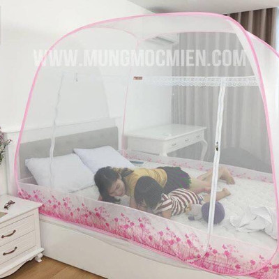 Màn Chụp , Mùng Chụp Cao Cấp Mộc Miên Đỉnh Động - Kích Thước 2,2mx2m - Hoạ tiết Hoa Lá Trắng Viền Hồng ( Hà Nội )
