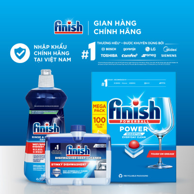 Combo Finish tiện lợi 4: Hộp 100 Viên Rửa Bát Essential + Nước Làm Bóng Finish 500ml + Dung dịch vệ sinh máy