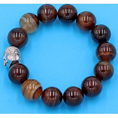 Chuỗi tay mã não nâu sọc 14 ly - cẩn hạt Như Lai Inox trắng VMNNSNLT14 - hợp mệnh Kim, mệnh Thổ