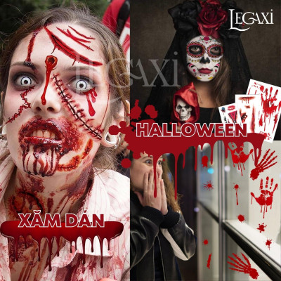 [HALLOWEEN] Hình xăm giả kinh dị hóa trang phát sáng hoa hồng đầu lâu nhện vết sẹo vết khâu chảy máu tròng mắt vết chân tay Legaxi