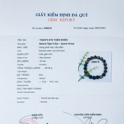 Vòng tay đá mắt hổ thiên nhiên, hợp phong thủy nam nữ, kèm bản Photocopy Giấy kiểm định SP mẫu + Túi nhung cung hỷ