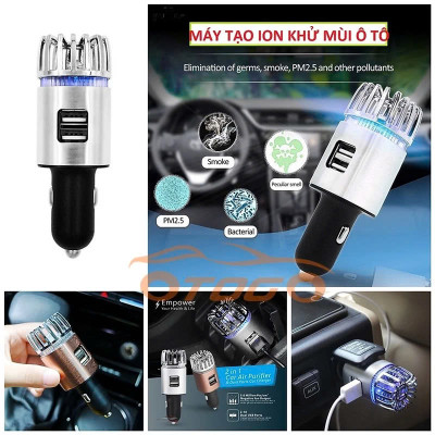 Máy Tạo Ion Âm Lọc Không Khí Cho Xe Ô Tô Tích Hợp Hai Cổng Sạc USB – Lọc Bụi, Khử Mùi Hôi Hiệu Quả