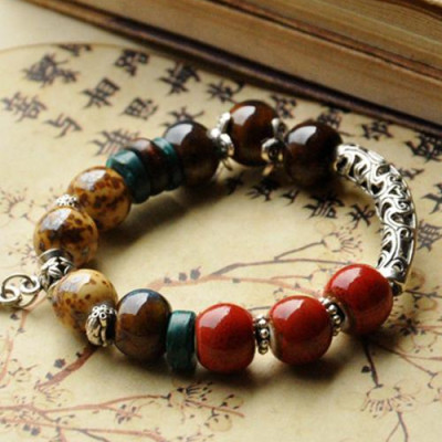 Vòng tay gốm charm hoa 5 cánh Vintage xuất Nhật VGOM18