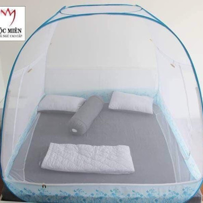 Màn Chụp , Mùng Chụp Cao Cấp Mộc Miên Đỉnh Rộng  - Mẫu Trắng Viền Xanh Hoa Lá ( Hà Nội )