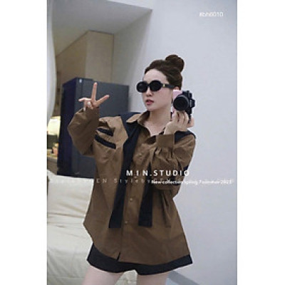 Áo sơ mi thô tay dài nâu kèm khăn siêu HOT