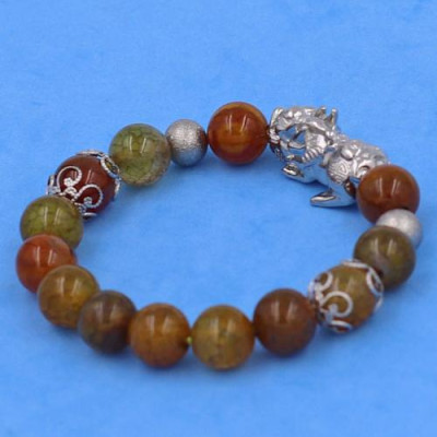 Vòng chuỗi đeo tay Đá Vân Rồng Nâu Vàng size 10 ly mix Tỳ Hưu inox VVRTHVHKHB10