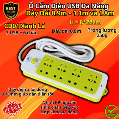 Ổ Cắm Điện USB Đa Năng Cao Cấp Chống Giật Dây Dài 0.9m – 1.1m và 1.8m, Ổ Cắm Điện Công Suất 2500W Có Chốt An Toàn Tiện Lợi, Chính Hãng