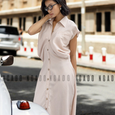Đầm sơ mi sọc cam NGADO, Đầm suông, Đầm vintage, Đầm dạo phố thiết kế