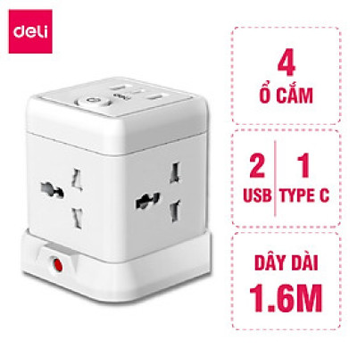 Ổ cắm điện đa năng Deli Công Suất 2500W - Tích Hợp Ổ USB & Type C Thiết Kế Cầu Chì Tự Ngắt Khi Quá Tải, Nắp Chống Giật