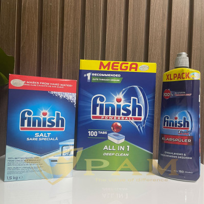 Combo viên rửa bát Finish All in 1 100 viên + Muối Finish 1,5kg + Nước làm bóng Finish 750ml 