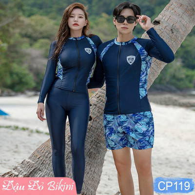 Đồ Bơi Đôi Big Size Dài Tay & Quần Dài Chống Nắng 3-4 chi tiết, bộ bơi size đại có áo khóa kéo dễ mặc, cỡ lớn đến 125kg, thun lạnh Lycra dày mịn mát | BN119 & KT119
