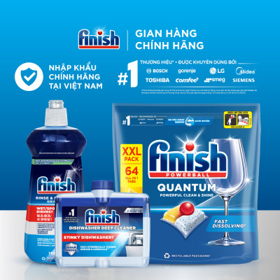 Combo Finish nâng cao 3:Viên Rửa Chén Bát Finish Powerball Quantum 64 viên + Nước làm bóng 500ml + Dung dịch vệ sinh máy
