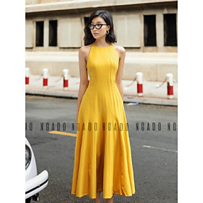 Đầm vàng cổ yếm NGADO, Đầm xòe hở vai, Đầm dự tiệc, Đầm dạo phố