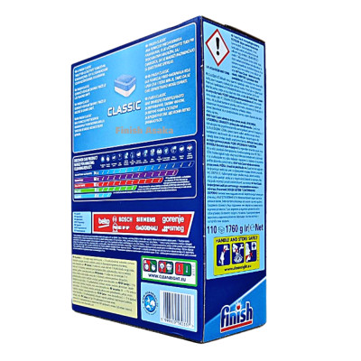 Combo rửa bát Finish: Hộp Classic 110 viên, Nước làm  bóng chai 400ml, Muối hộp 1,5kg - Chính hãng.