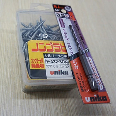 Combo Vít bê tông 4mm đầu bằng F432 & Mũi khoan tường 3.5mm đuôi lục giác Unika (Không cần tắc kê nhựa)