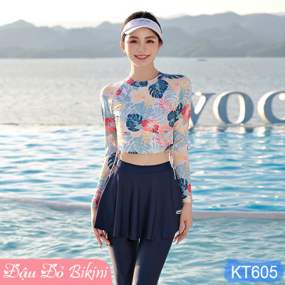 Bộ bơi nữ dài tay chống nắng toàn thân, thiết kế 3 mảnh mới trẻ trung cho eo thon gọn, thun bơi lạnh cao cấp dày mịn mát, bảo vệ da tối ưu và tôn dáng hoàn hảo | KT605